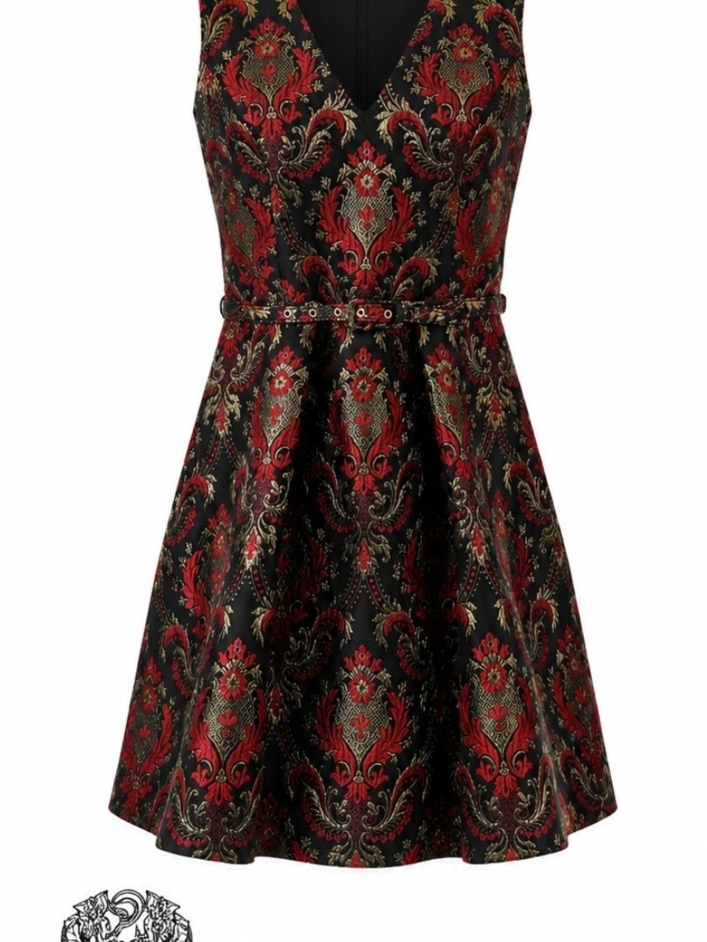 Vince Camuto Black Red & Gold Brocade Fit-and-Flare Dress